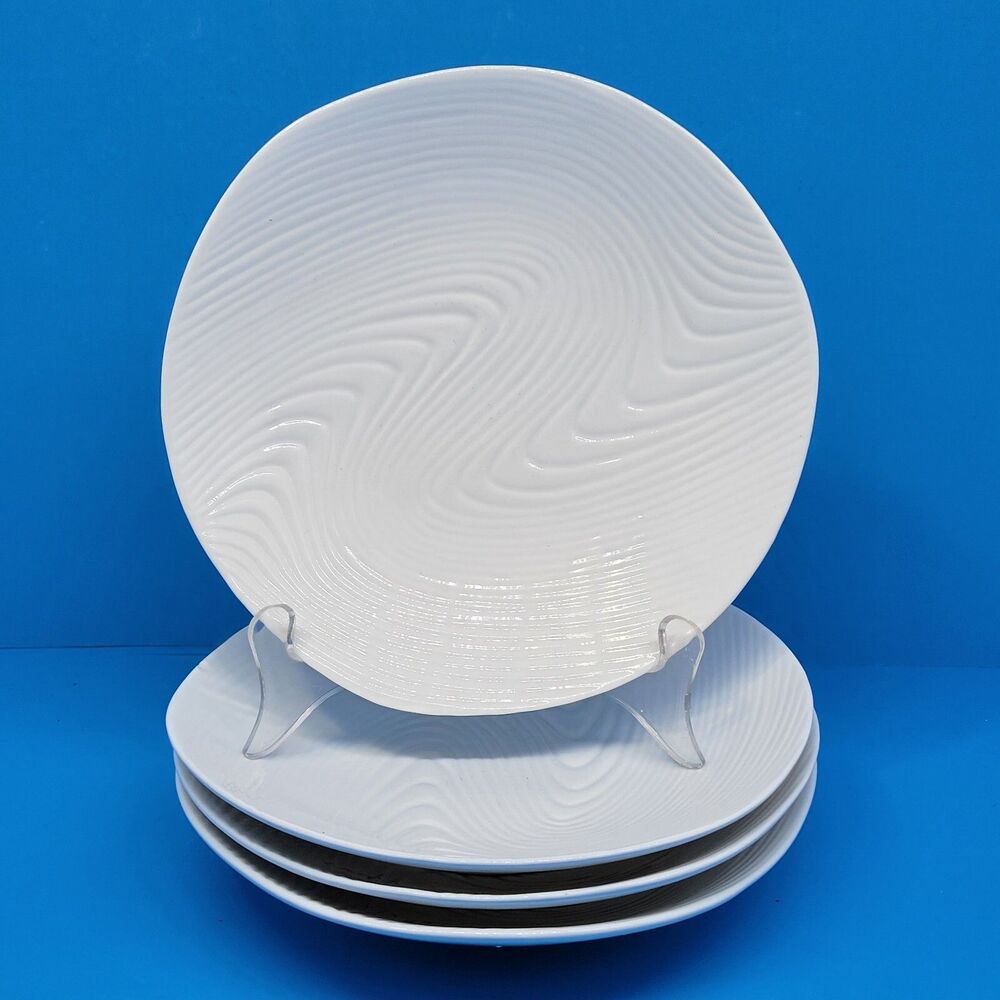 Pier 1 Tropical Wave Set Of 3 White 7 3/4" Embossed Deep Salad Plates VGC